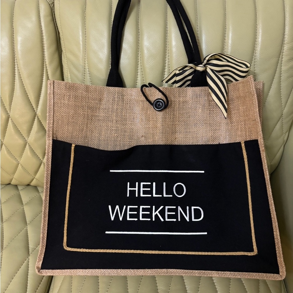 Hello Weekend Burlap Tote Bag with Black Pocket - Picture 8 of 9